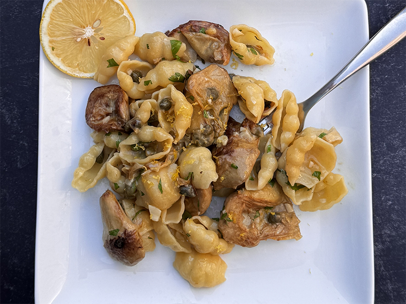 Artichokes, mushrooms, lemon zest and capers